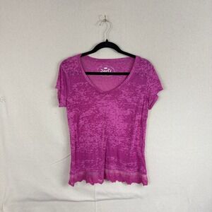 Poof! Womens XXL Magenta Pink Burnout V-Neck Short Sleeve Lace Hem Top
